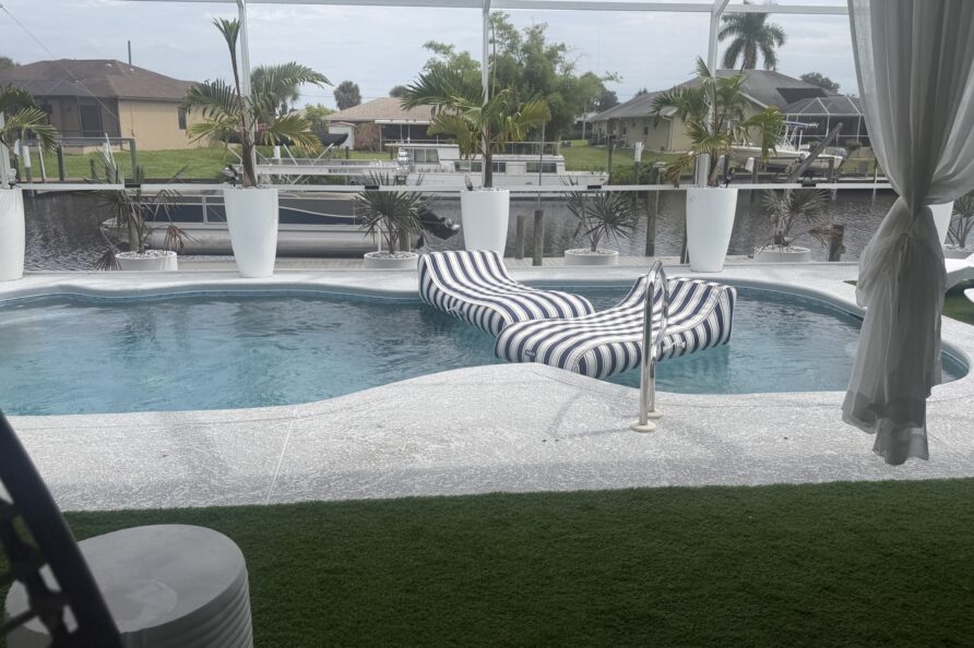 Covered outdoor seating by the water